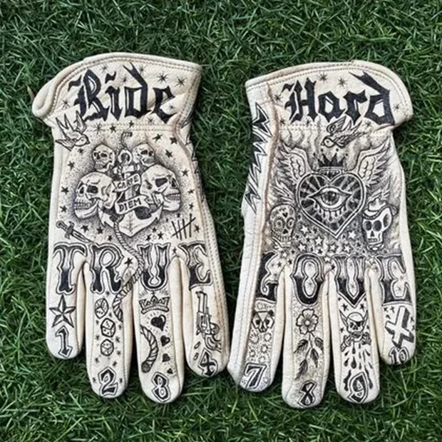 Print Vintage Leather Work Gloves