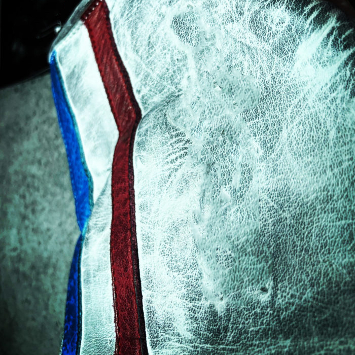 Retro Racing White Distressed Leather Red Blue Stripe Biker Gloves