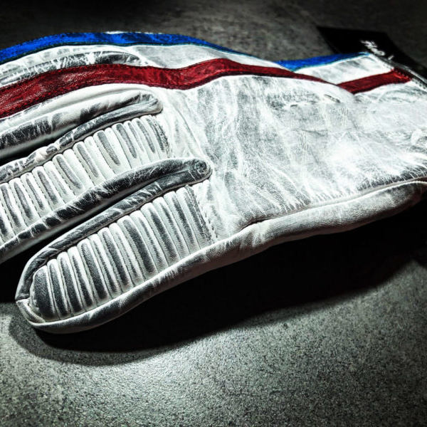 Retro Racing White Distressed Leather Red Blue Stripe Biker Gloves