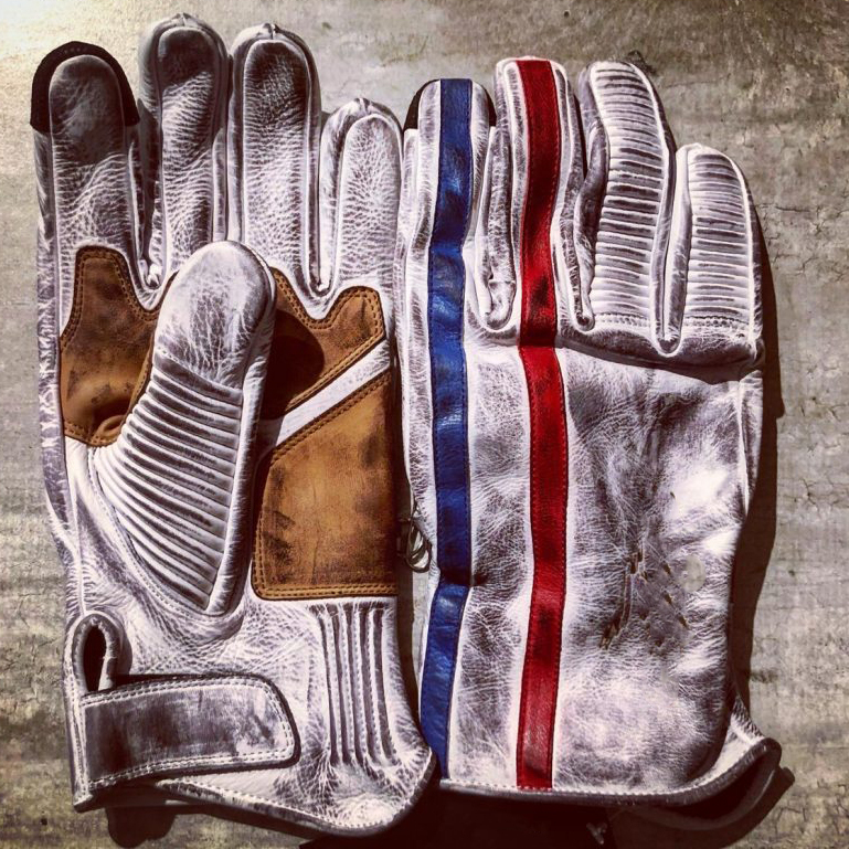 Retro Racing White Distressed Leather Red Blue Stripe Biker Gloves