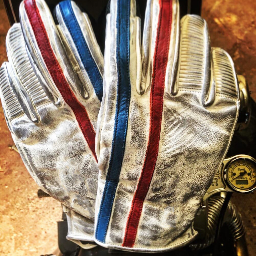 Retro Racing White Distressed Leather Red Blue Stripe Biker Gloves