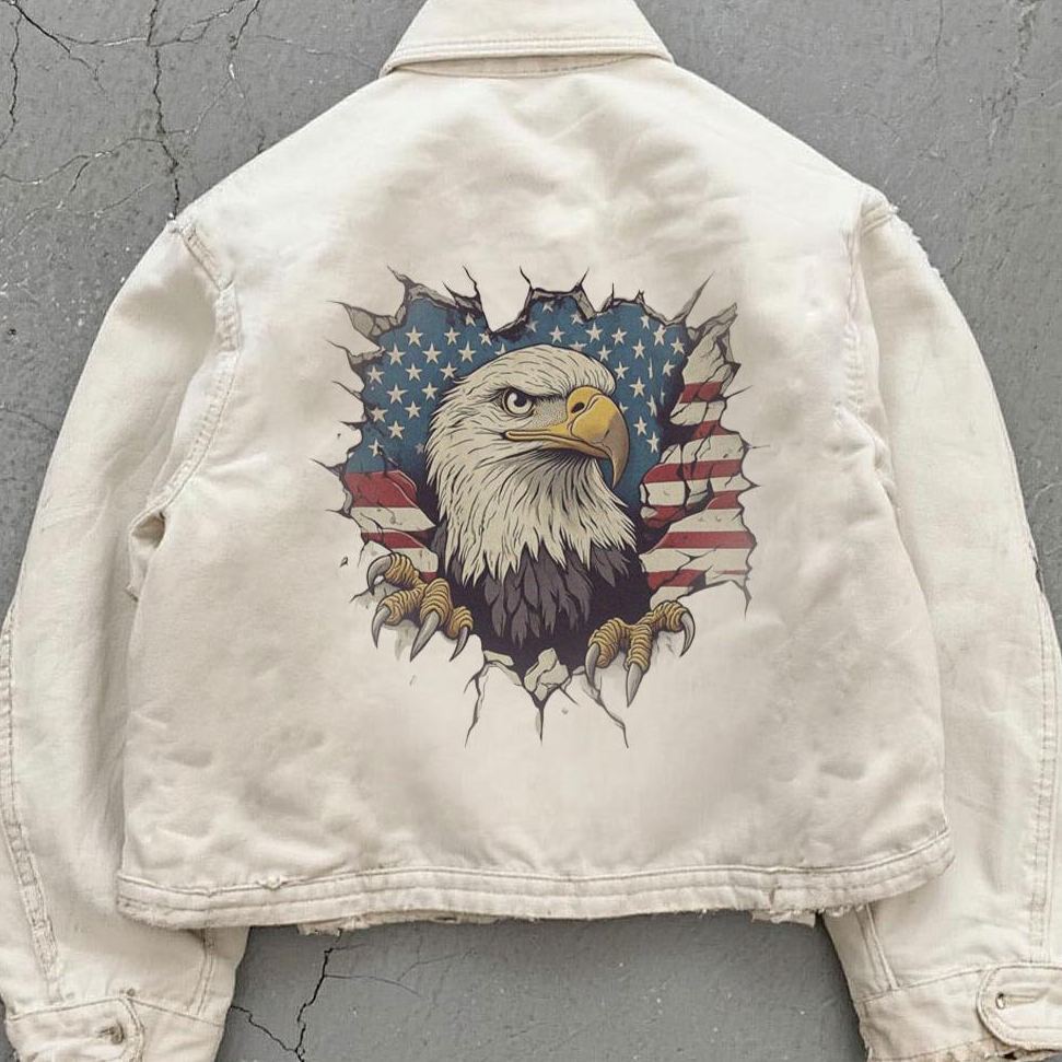 Retro white-headed bald eagle patriotic American-style distressed jacket with printed design