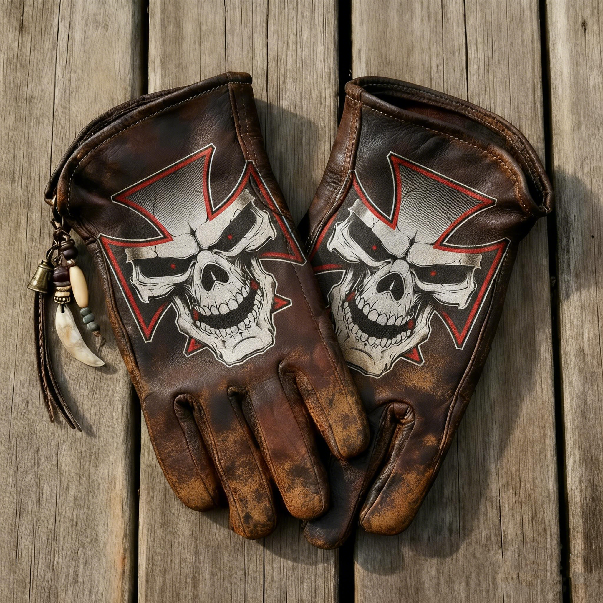 Vintage Distressed Brown Leather Iron Cross Skull Biker Gloves
