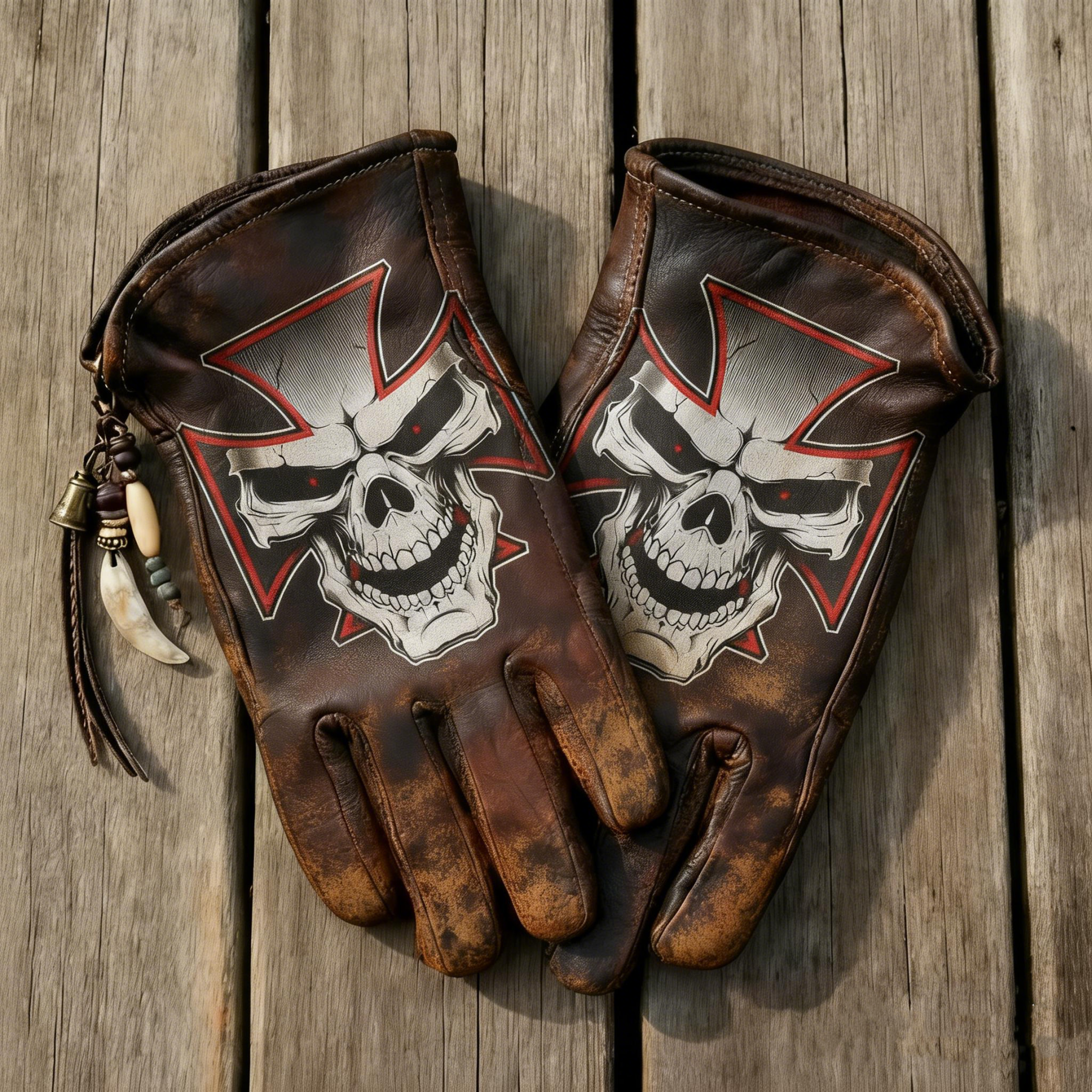 Vintage Distressed Brown Leather Iron Cross Skull Biker Gloves