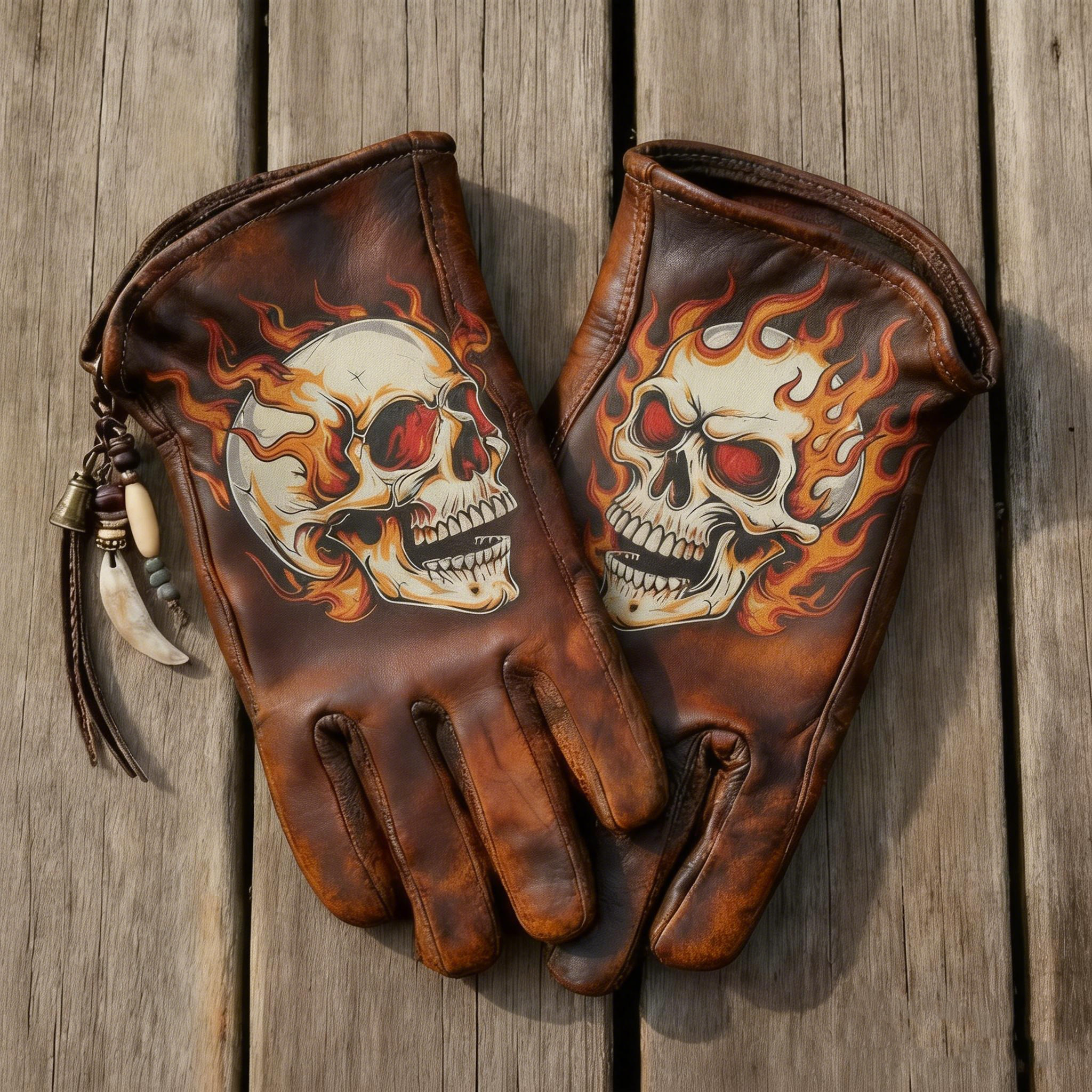 Vintage Weathered Brown Leather Flaming Skull Motif Biker Gloves