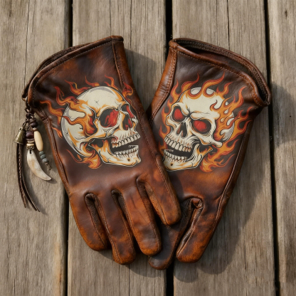 Vintage Weathered Brown Leather Flaming Skull Motif Biker Gloves