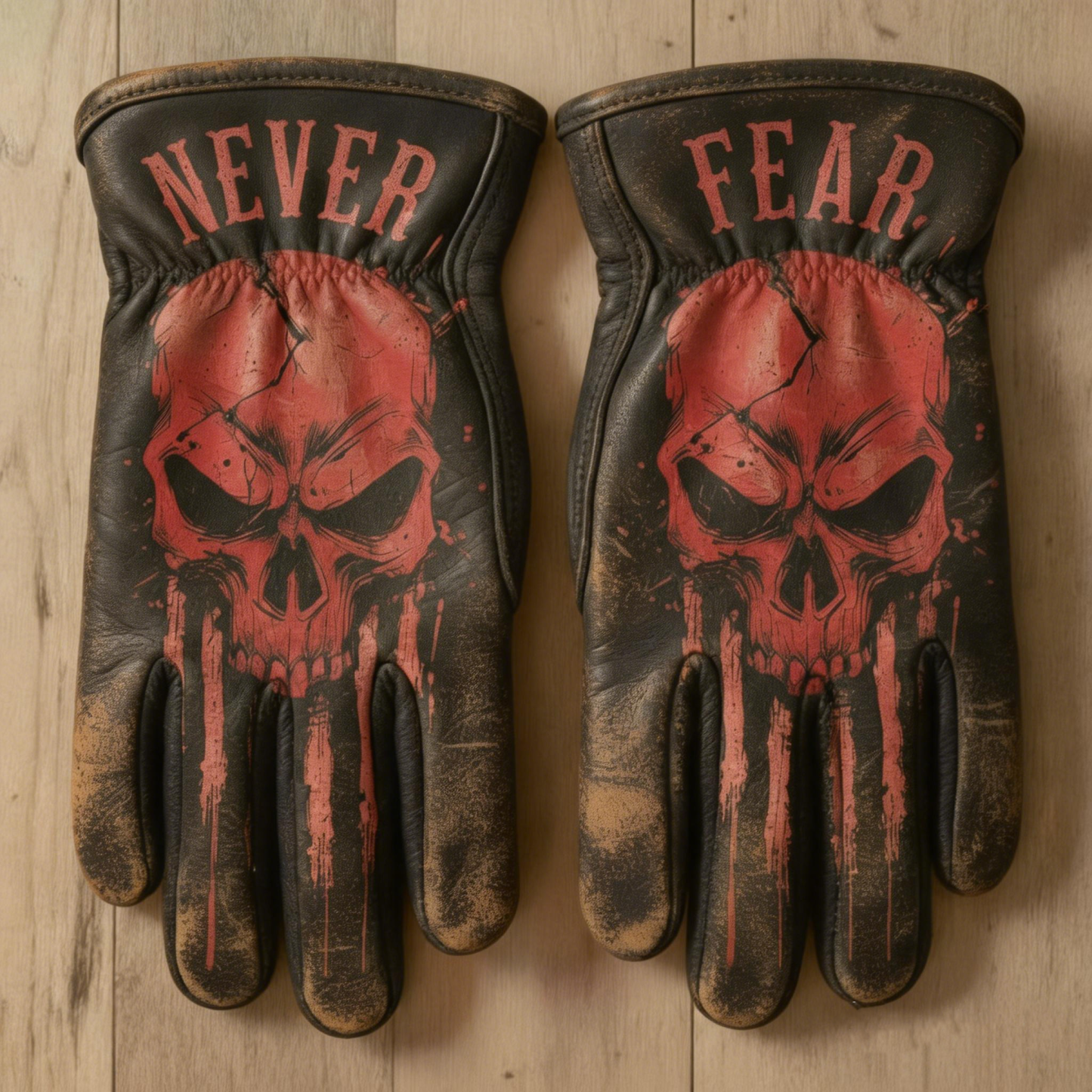 Vintage Distressed Leather Skull Graphic Heavy Duty Motorbike Gloves