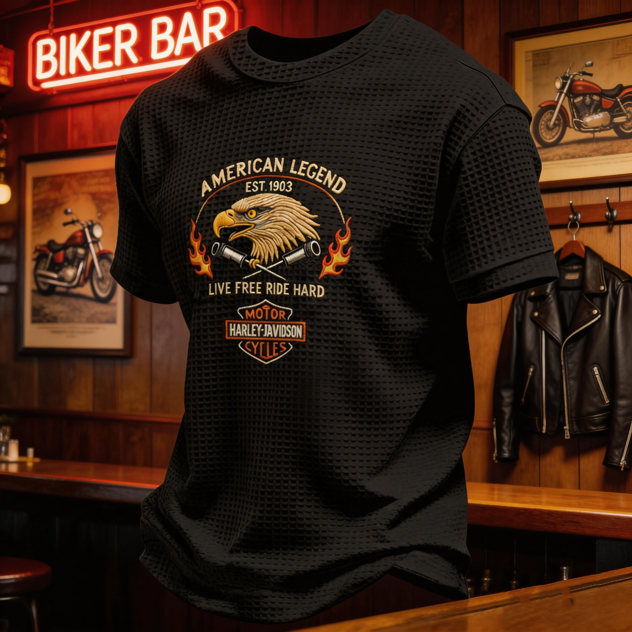 Retro Motorcycle Graphic Waffle Waffle Knit T-Shirt