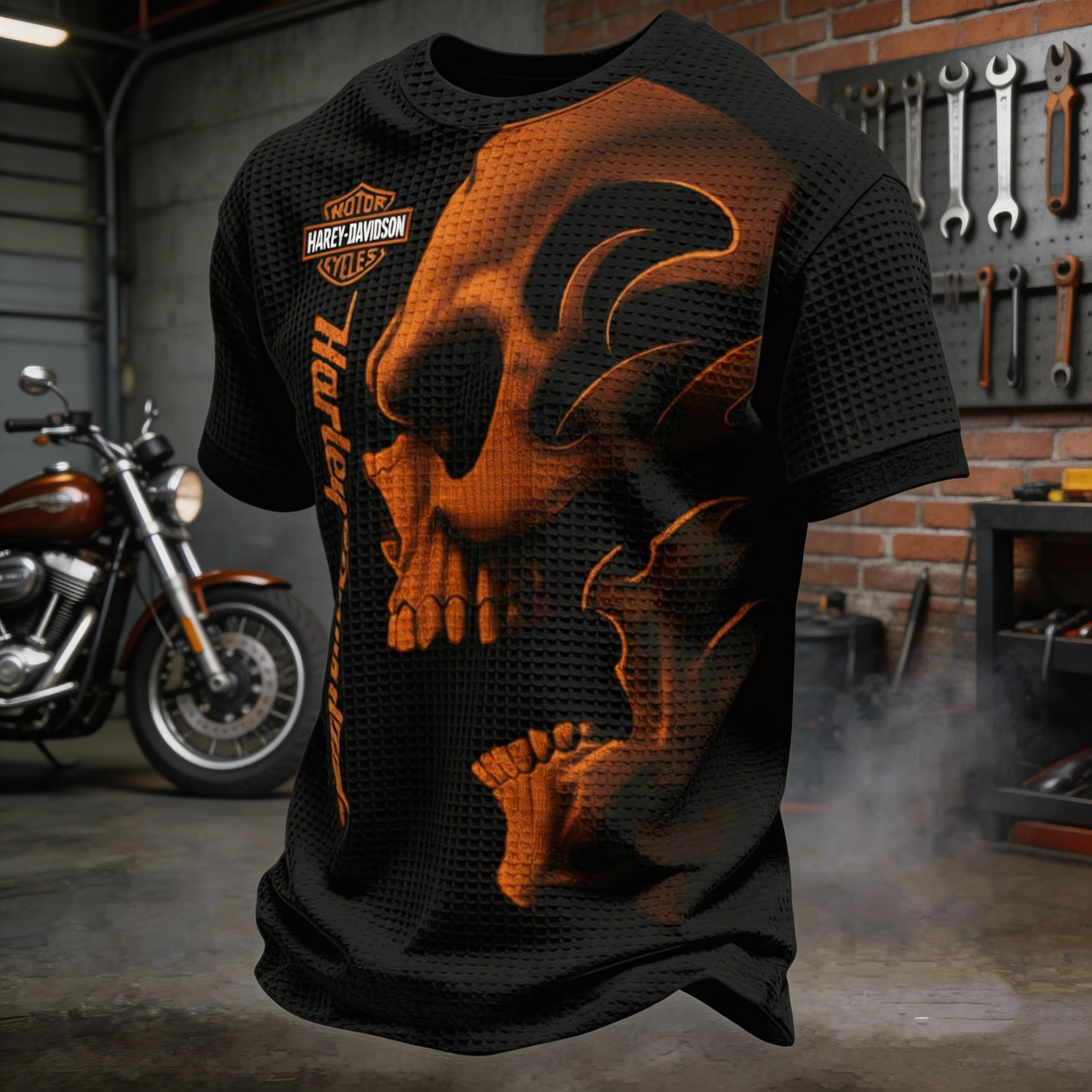 Retro Motorcycle Graphic Waffle Waffle Knit T-Shirt