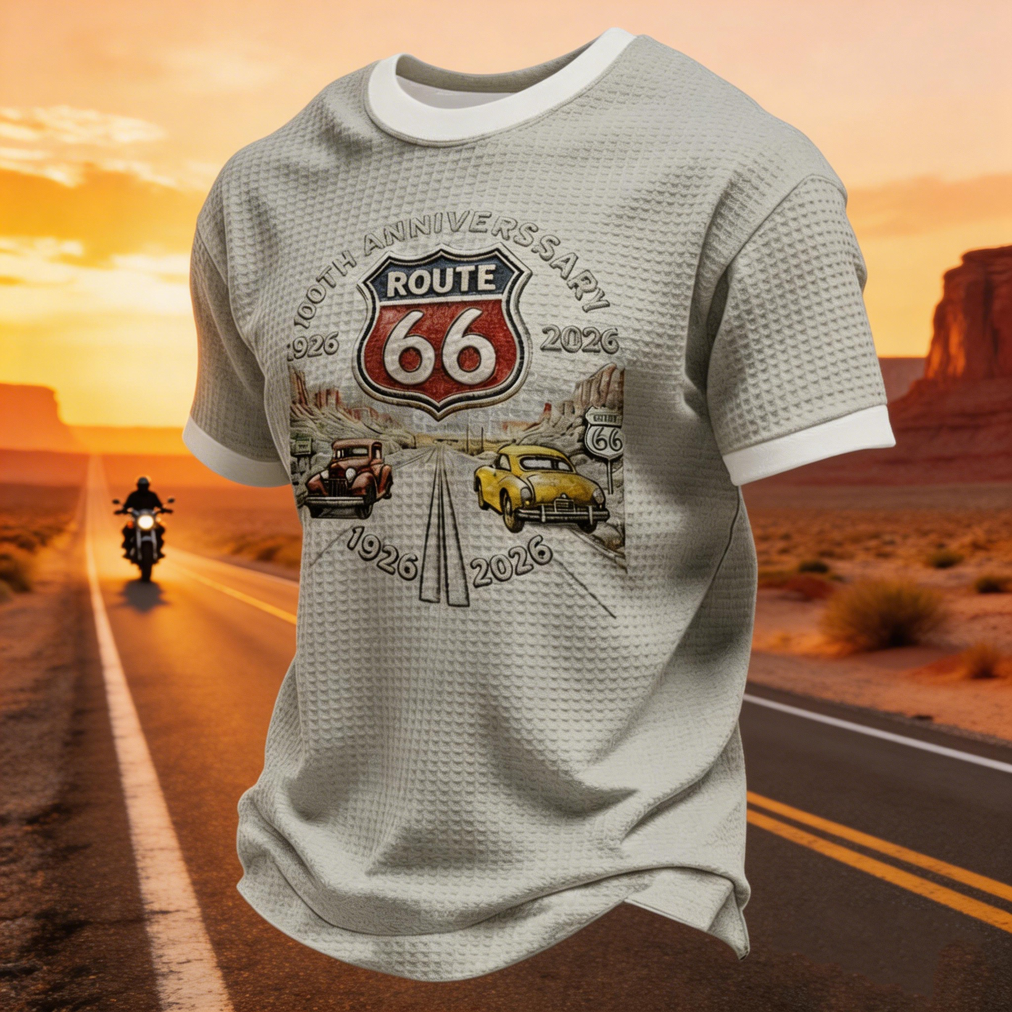 Retro Motorcycle Graphic Waffle Waffle Knit T-Shirt