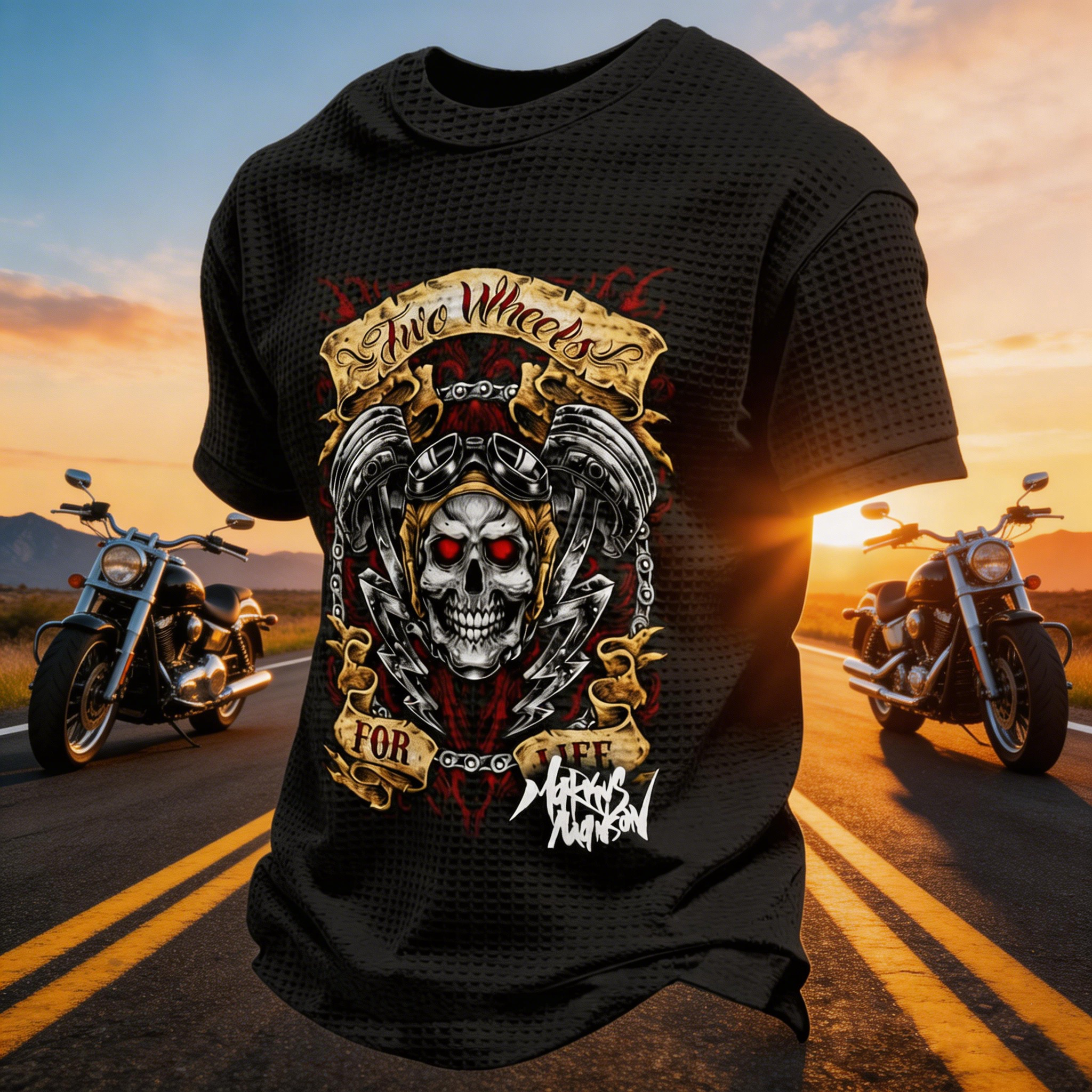 Retro Motorcycle Graphic Waffle Waffle Knit T-Shirt