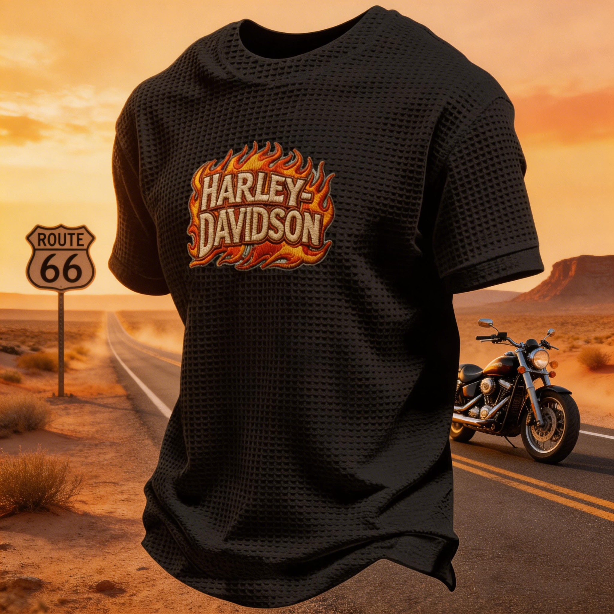 Retro Motorcycle Graphic Waffle Waffle Knit T-Shirt