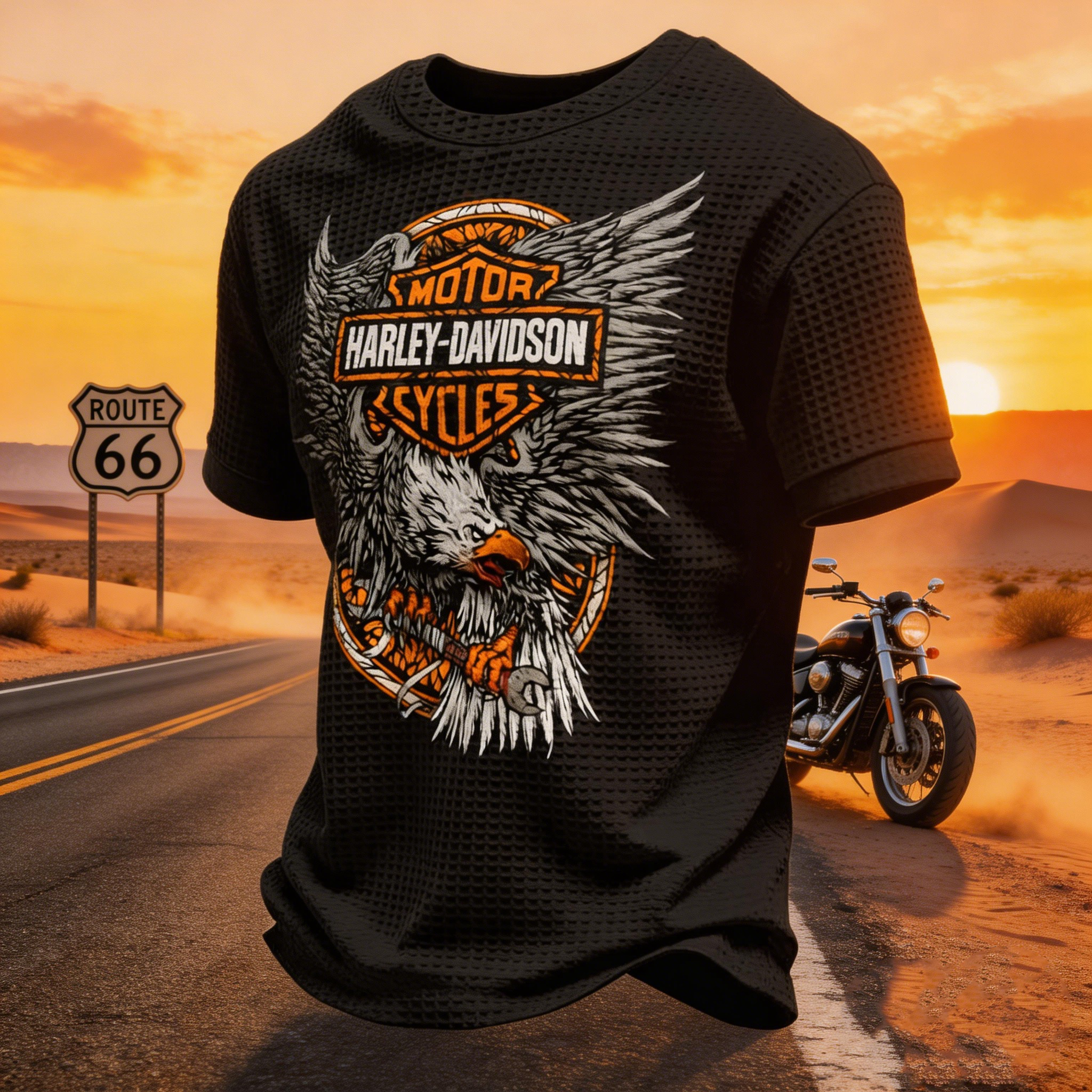 Retro Motorcycle Graphic Waffle Waffle Knit T-Shirt