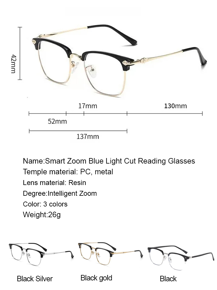 Automatic zoom blue light blocking reading glasses