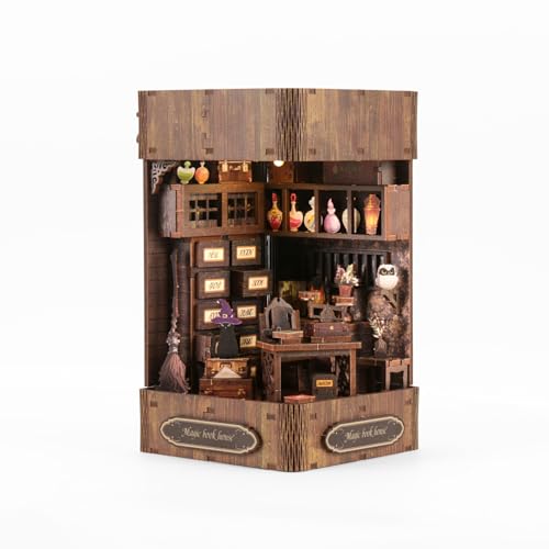 Book Nook Kit - DIY Enchanted Cottage Miniature House for Adults &amp; Teens. 3D Wooden Puzzle Booknook with LED Lights. Bookshelf Insert Decor &amp; Creative Model Building(Magic Bookstore)