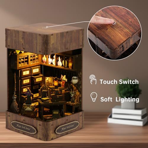 Book Nook Kit - DIY Enchanted Cottage Miniature House for Adults &amp; Teens. 3D Wooden Puzzle Booknook with LED Lights. Bookshelf Insert Decor &amp; Creative Model Building(Magic Bookstore)