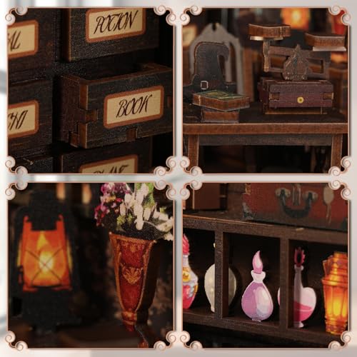 Book Nook Kit - DIY Enchanted Cottage Miniature House for Adults &amp; Teens. 3D Wooden Puzzle Booknook with LED Lights. Bookshelf Insert Decor &amp; Creative Model Building(Magic Bookstore)