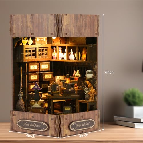 Book Nook Kit - DIY Enchanted Cottage Miniature House for Adults &amp; Teens. 3D Wooden Puzzle Booknook with LED Lights. Bookshelf Insert Decor &amp; Creative Model Building(Magic Bookstore)