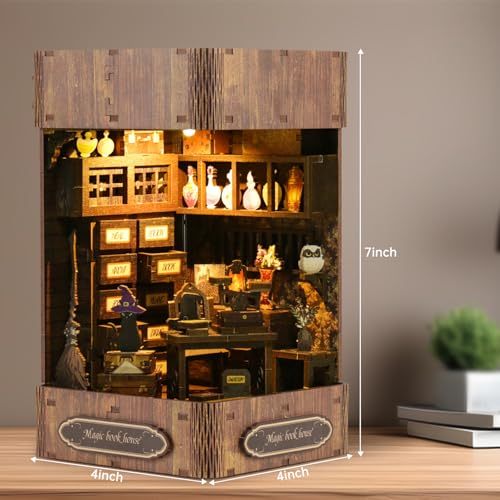 Book Nook Kit - DIY Enchanted Cottage Miniature House for Adults &amp; Teens. 3D Wooden Puzzle Booknook with LED Lights. Bookshelf Insert Decor &amp; Creative Model Building(Magic Bookstore)