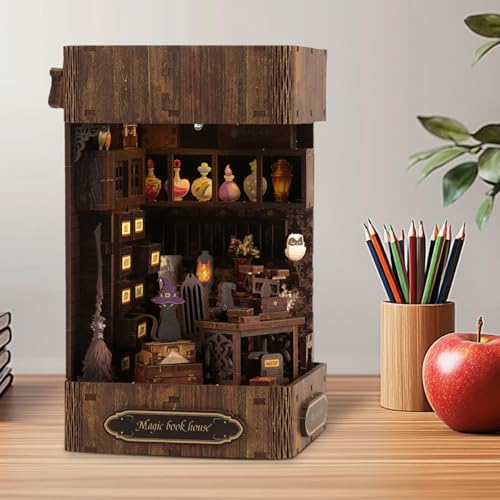 Book Nook Kit - DIY Enchanted Cottage Miniature House for Adults &amp; Teens. 3D Wooden Puzzle Booknook with LED Lights. Bookshelf Insert Decor &amp; Creative Model Building(Magic Bookstore)