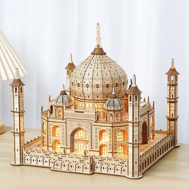 Taj Mahal Castle 3D Wooden Puzzle DIY Mechanical Model with Light Gift