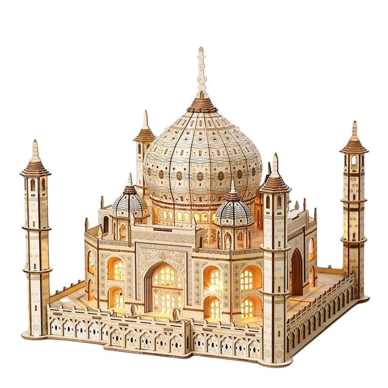 Taj Mahal Castle 3D Wooden Puzzle DIY Mechanical Model with Light Gift