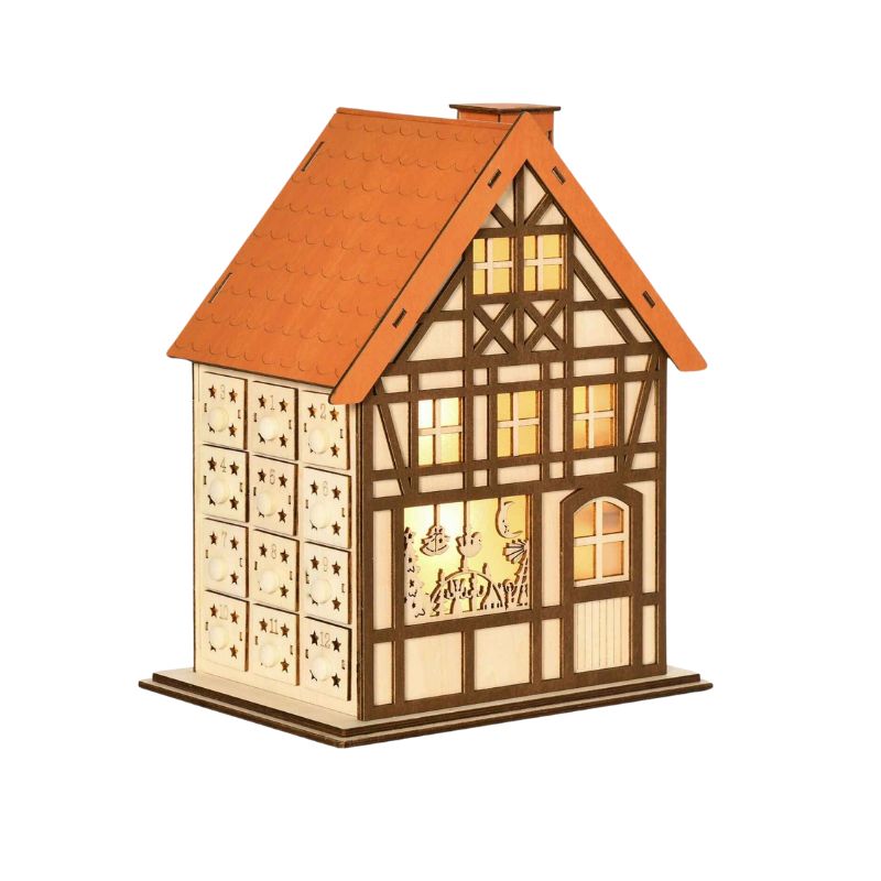 Wooden Christmas Advent Calendar House with LED Lights – 24 Days Holiday Countdown & Gift
