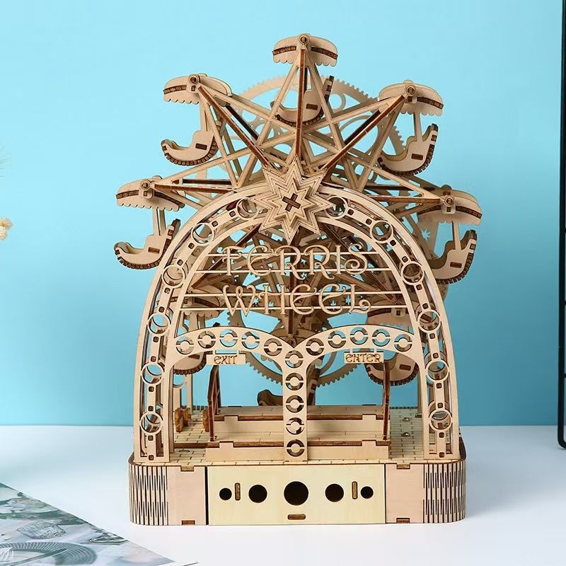 Hand Cranked Ferris Wheel 3D Wooden Puzzle DIY Toy with Light