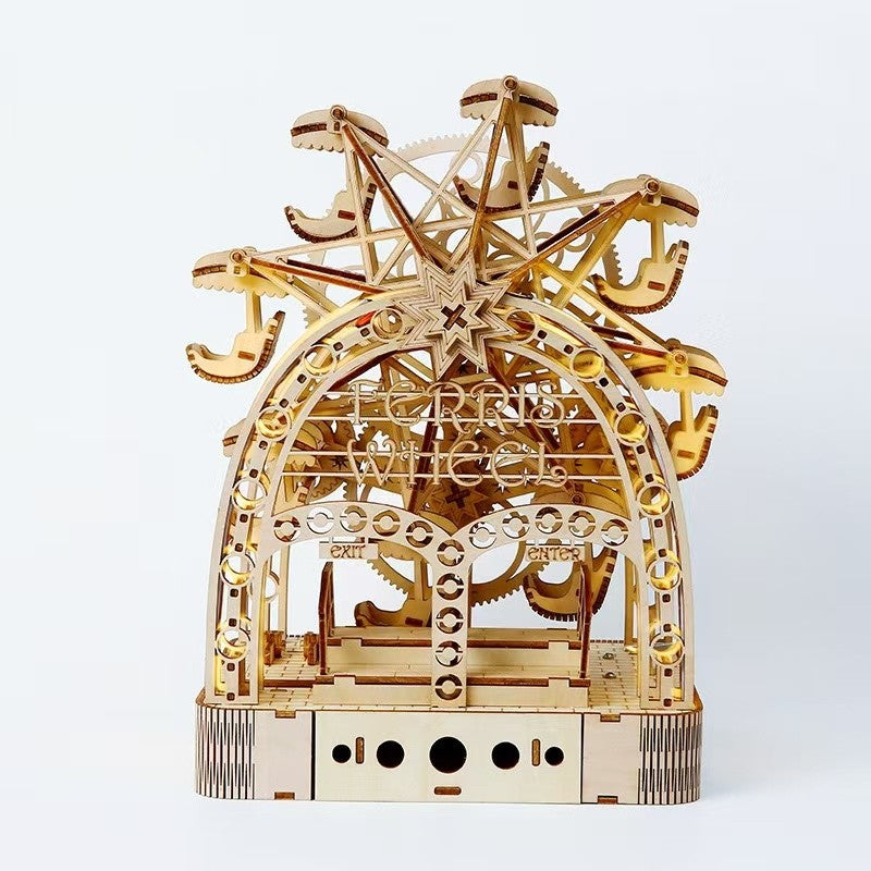 Hand Cranked Ferris Wheel 3D Wooden Puzzle DIY Toy with Light