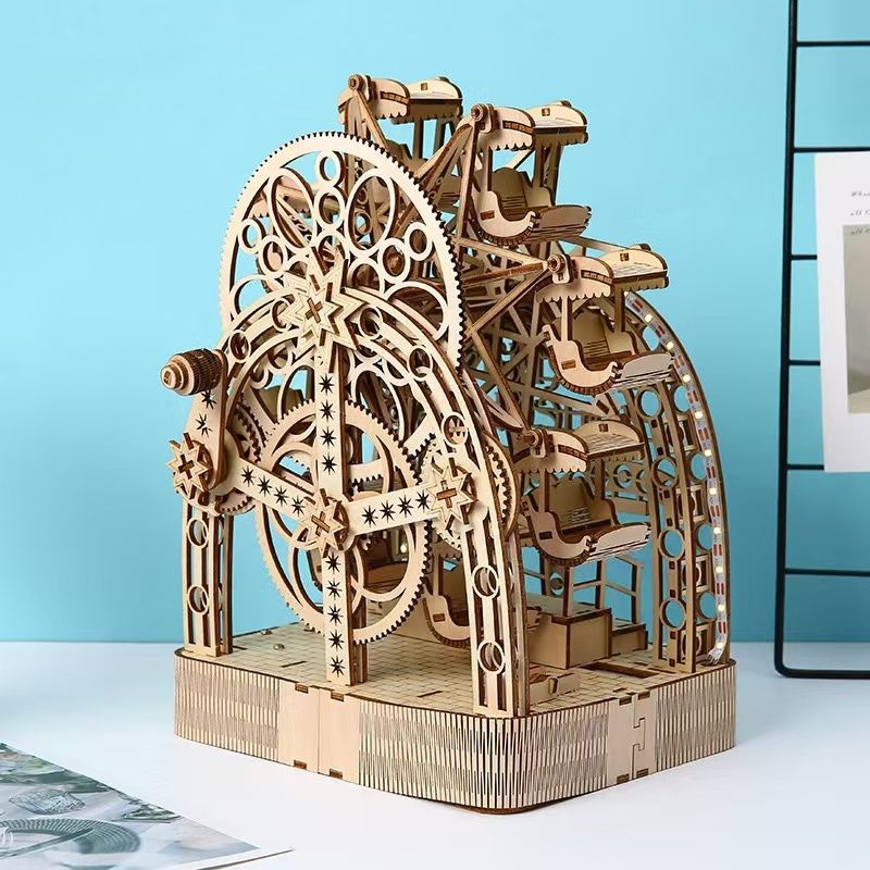 Hand Cranked Ferris Wheel 3D Wooden Puzzle DIY Toy with Light