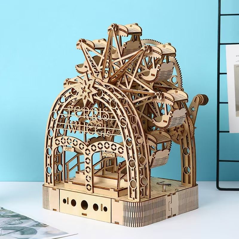 Hand Cranked Ferris Wheel 3D Wooden Puzzle DIY Toy with Light