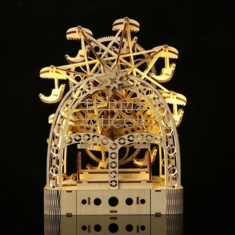Hand Cranked Ferris Wheel 3D Wooden Puzzle DIY Toy with Light