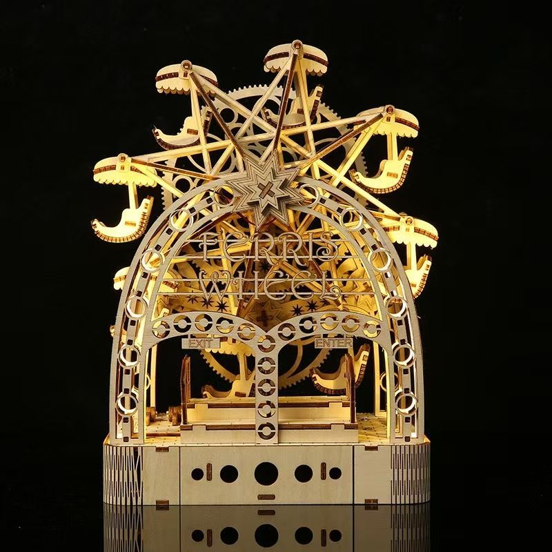 Hand Cranked Ferris Wheel 3D Wooden Puzzle DIY Toy with Light