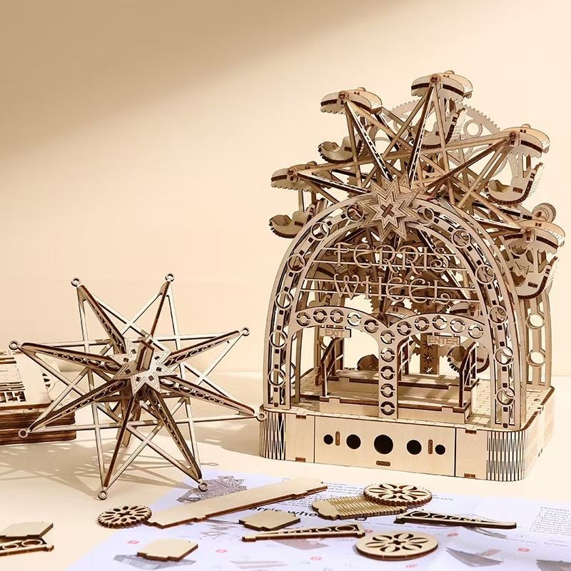 Hand Cranked Ferris Wheel 3D Wooden Puzzle DIY Toy with Light