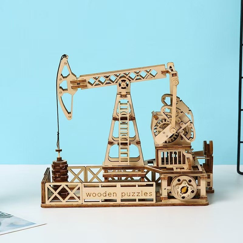 Oil Derrick 3D Wooden Puzzle Mechanical Engineering Model with Warm Light DIY