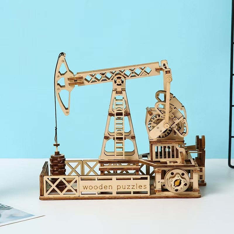 Oil Derrick 3D Wooden Puzzle Mechanical Engineering Model with Warm Light DIY