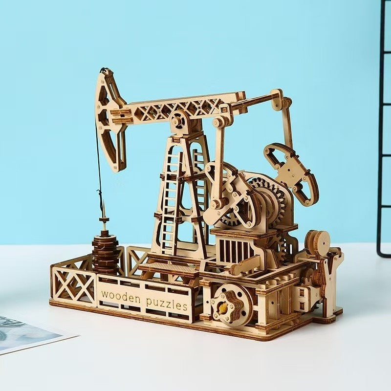 Oil Derrick 3D Wooden Puzzle Mechanical Engineering Model with Warm Light DIY