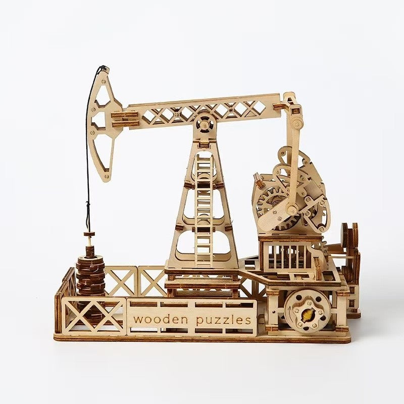 Oil Derrick 3D Wooden Puzzle Mechanical Engineering Model with Warm Light DIY