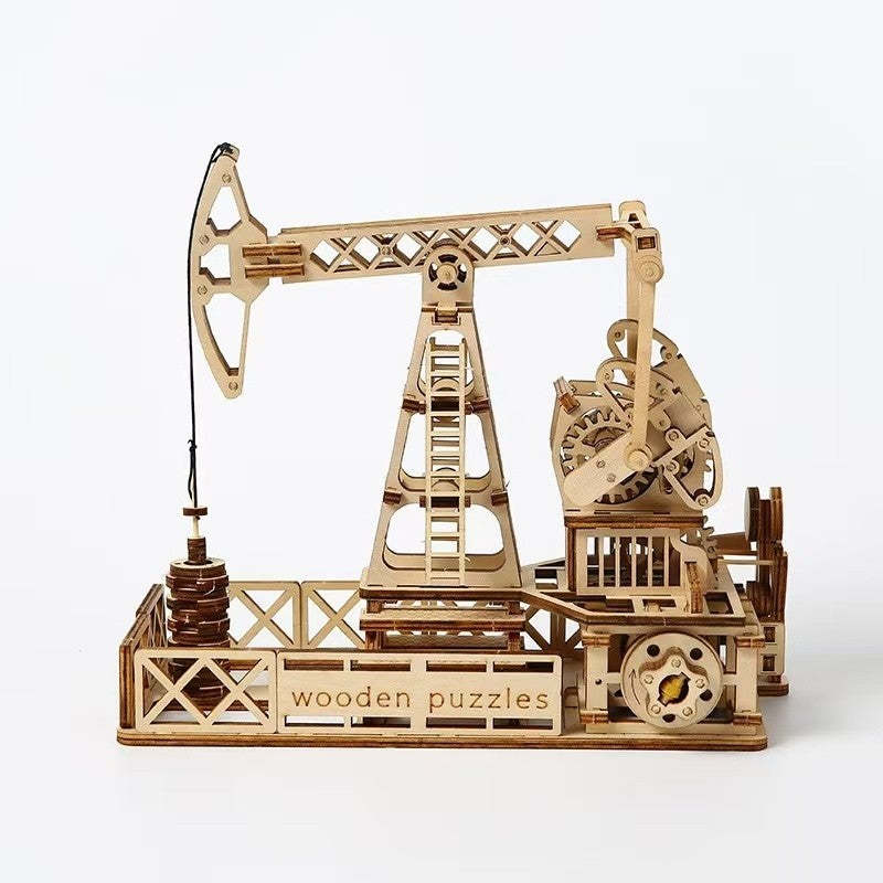 Oil Derrick 3D Wooden Puzzle Mechanical Engineering Model with Warm Light DIY