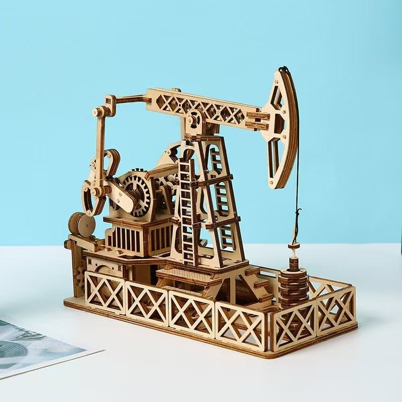 Oil Derrick 3D Wooden Puzzle Mechanical Engineering Model with Warm Light DIY