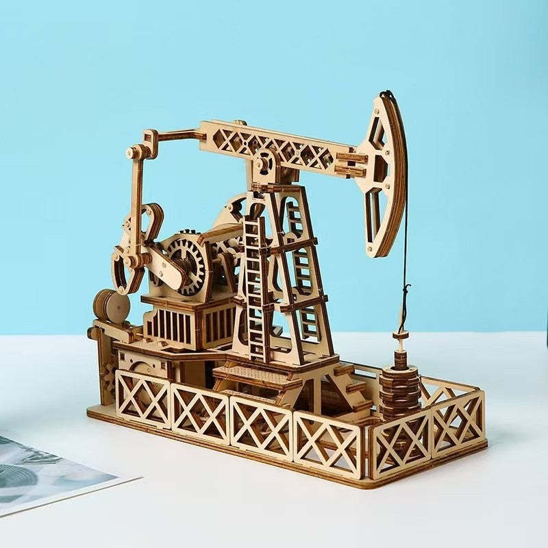 Oil Derrick 3D Wooden Puzzle Mechanical Engineering Model with Warm Light DIY