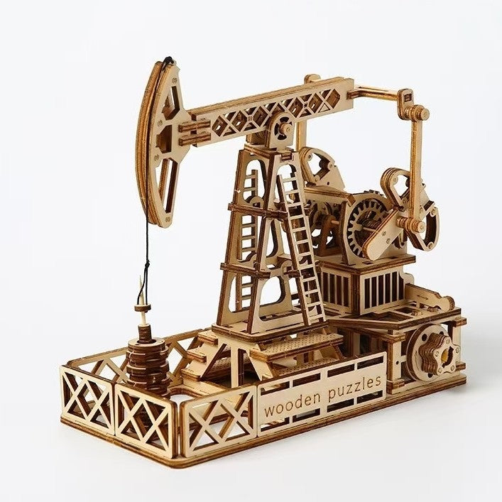 Oil Derrick 3D Wooden Puzzle Mechanical Engineering Model with Warm Light DIY