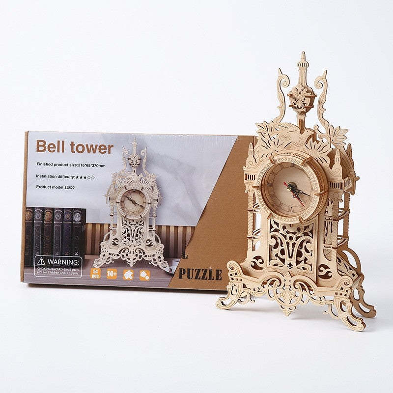 Old Clock Tower 3D Wooden Puzzle Vintage Hollow Out Design Educational DIY Toy