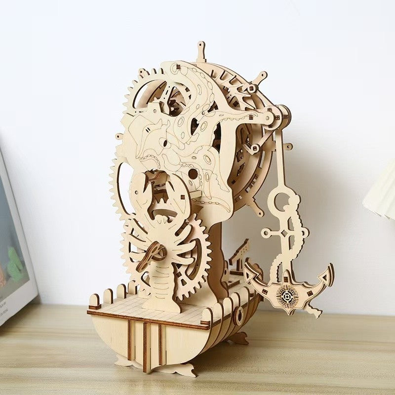 Pirate Ship Clock 3D Wooden Puzzle DIY Mechanical Pendulum Educational Toy