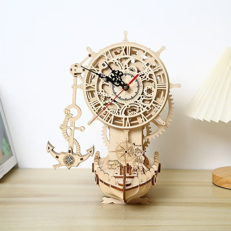Pirate Ship Clock 3D Wooden Puzzle DIY Mechanical Pendulum Educational Toy