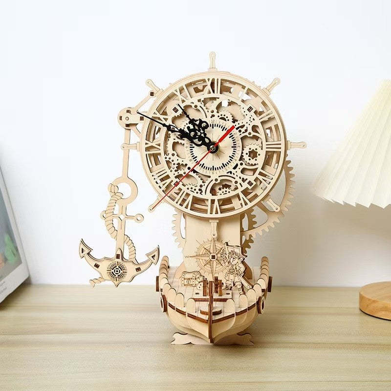 Pirate Ship Clock 3D Wooden Puzzle DIY Mechanical Pendulum Educational Toy