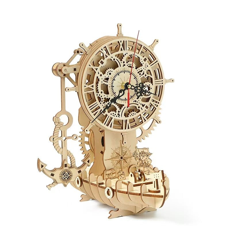 Pirate Ship Clock 3D Wooden Puzzle DIY Mechanical Pendulum Educational Toy