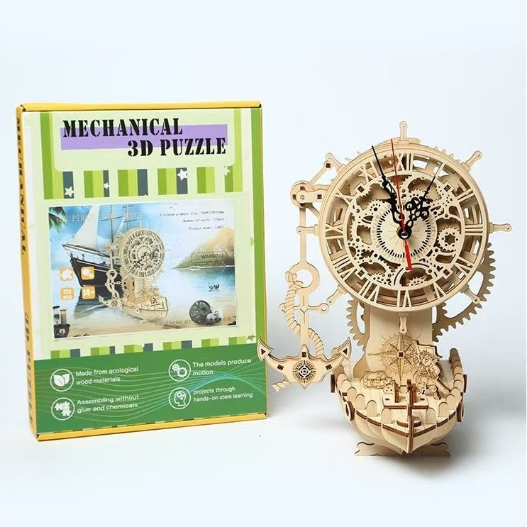 Pirate Ship Clock 3D Wooden Puzzle DIY Mechanical Pendulum Educational Toy