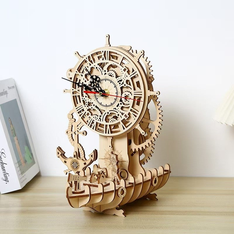 Pirate Ship Clock 3D Wooden Puzzle DIY Mechanical Pendulum Educational Toy