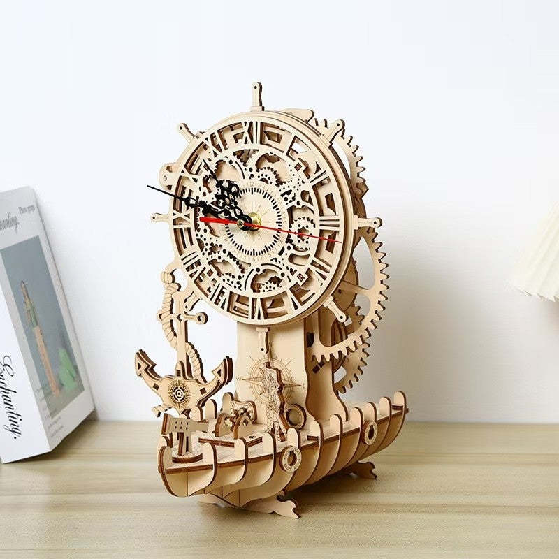 Pirate Ship Clock 3D Wooden Puzzle DIY Mechanical Pendulum Educational Toy